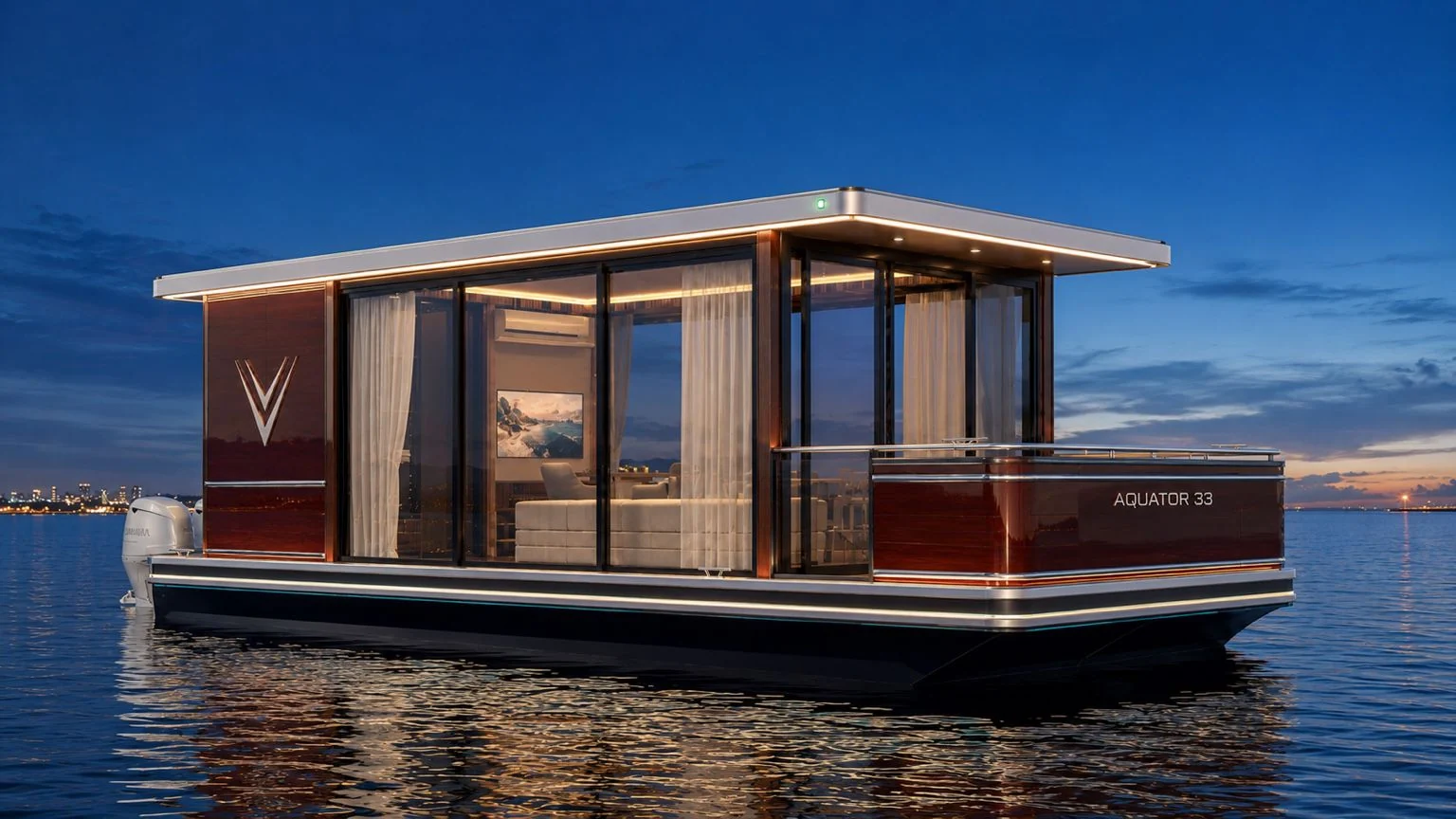 تصميم AQUATOR 33 الحالي عند الغسق، وصالته الزجاجية مضاءة من الداخل