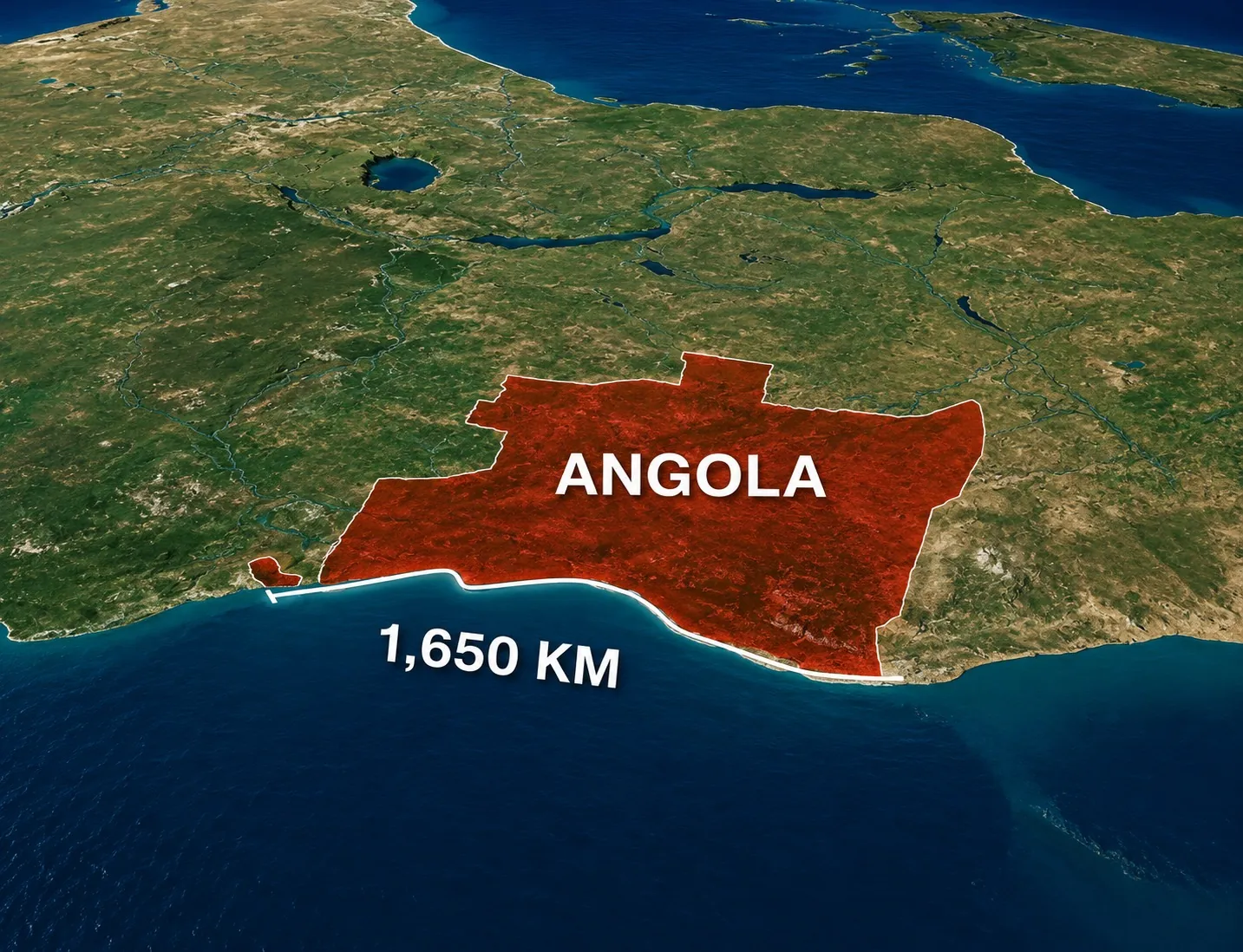 Satellite-style map with Angola highlighted and its 1,650 km coastline marked