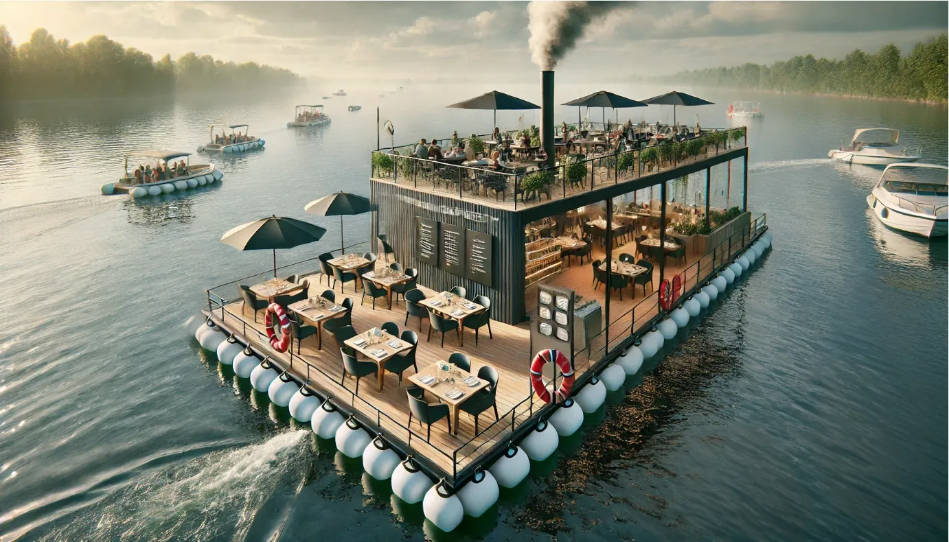 Concept render of a two-level floating restaurant platform with dining tables, moored on calm water near other boats