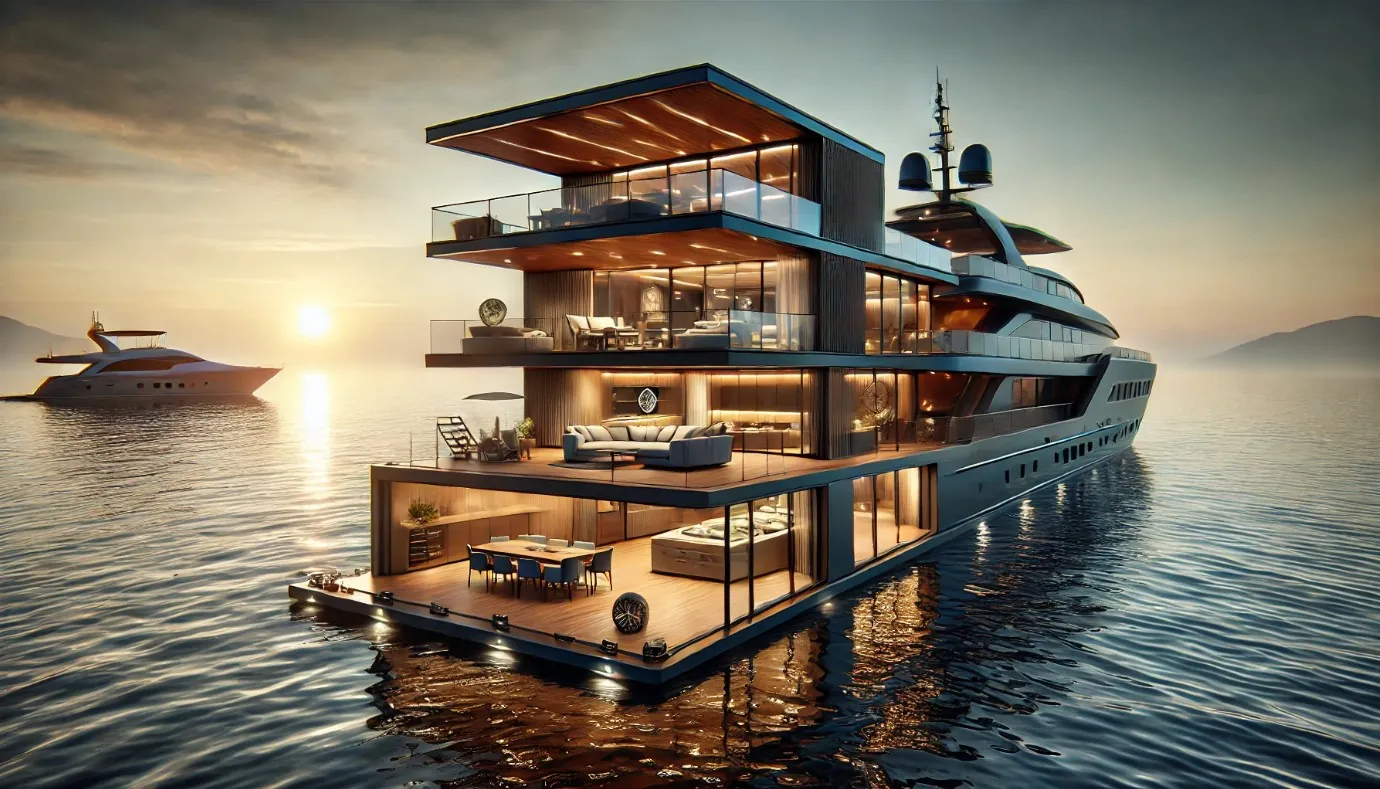 Concept render of a multi-deck luxury yacht with glass walls and warm interior lighting on a calm sea