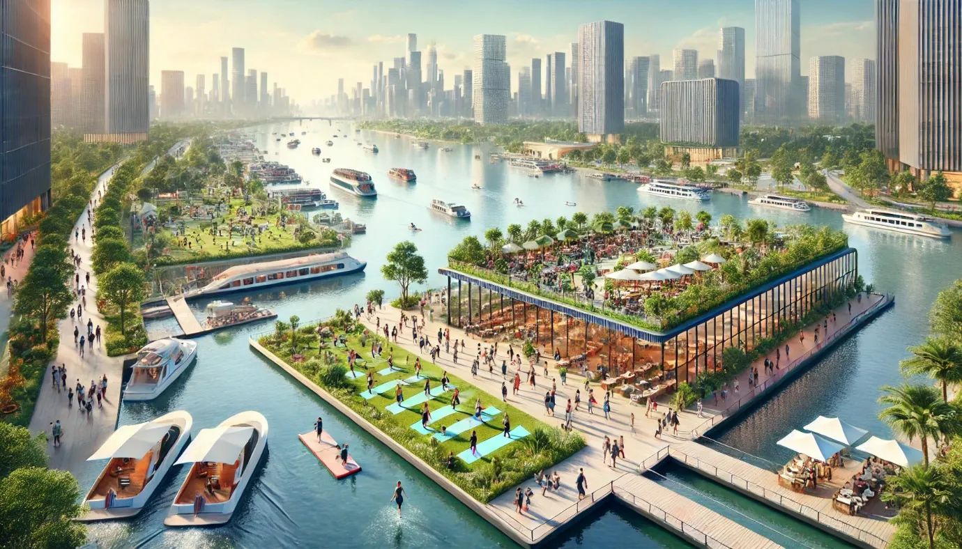 Concept render of a floating park with lawns and trees on a platform beside a city river, with skyscrapers behind