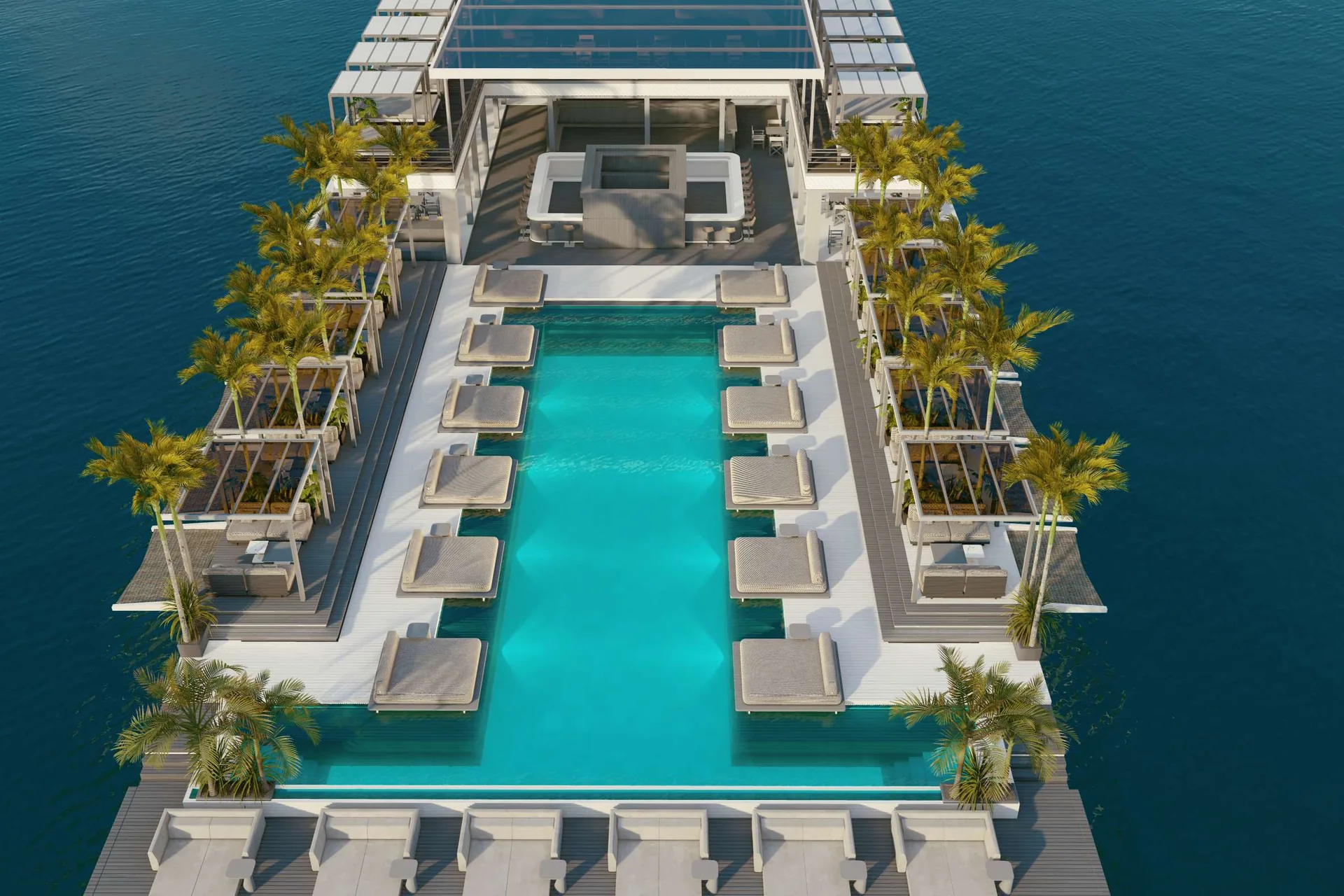 Render of the club from directly above, the long pool down its centre