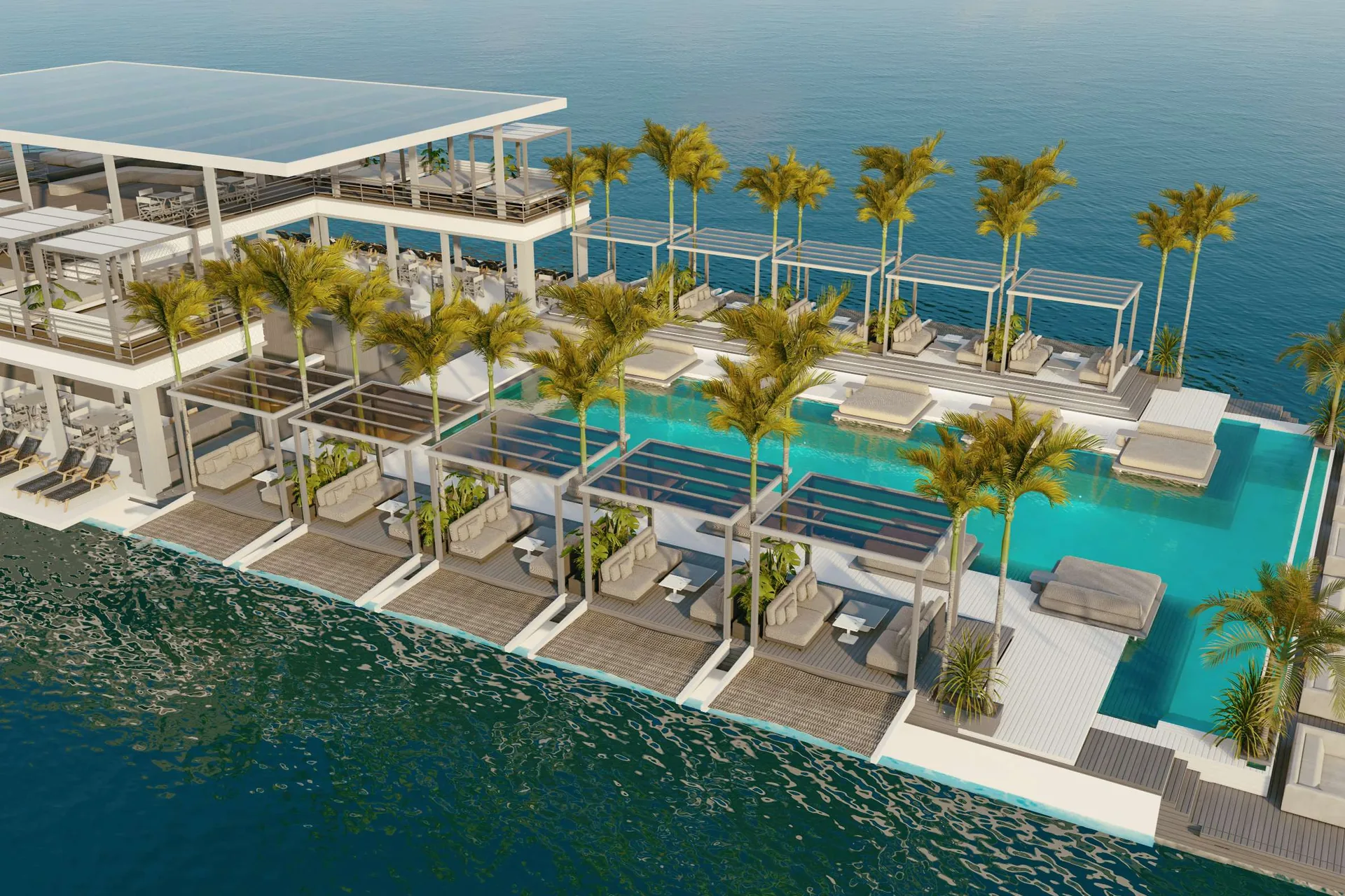 Render of the GIA floating beach club from the air: pool, palms, cabanas and a shaded upper deck
