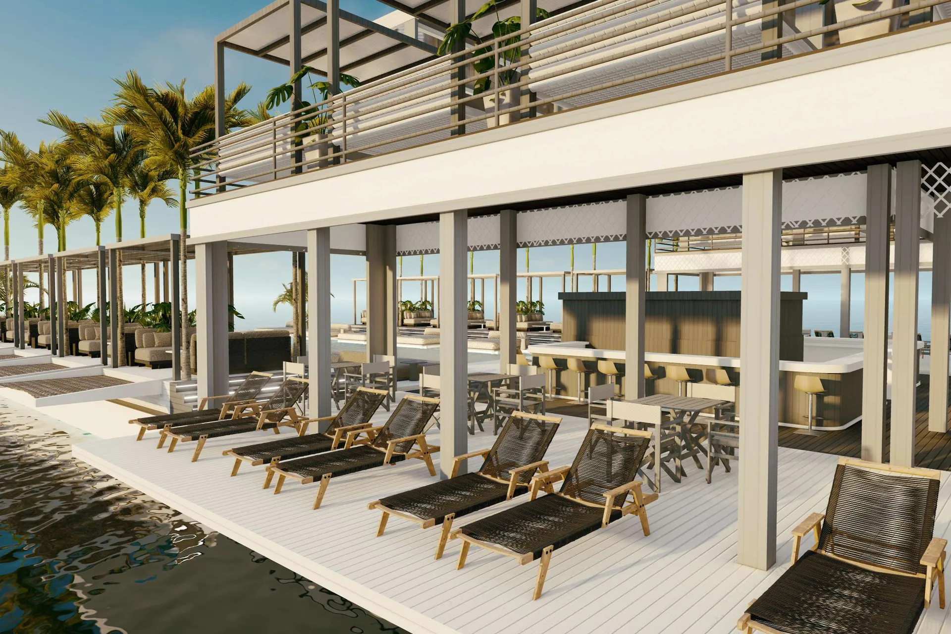 Render of sun loungers on the deck beside the covered bar