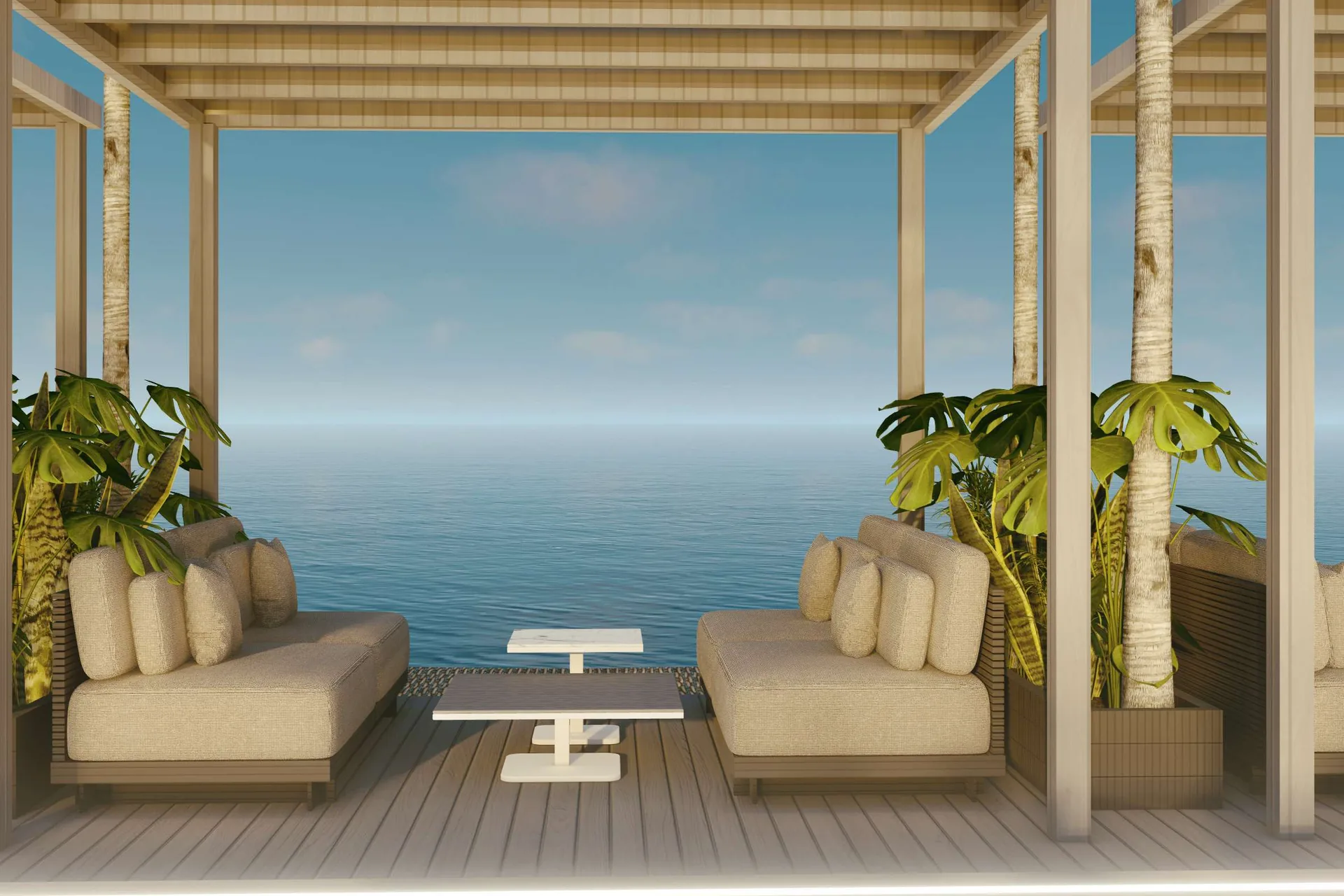 Render of a cabana with sofas and planting, open to the sea