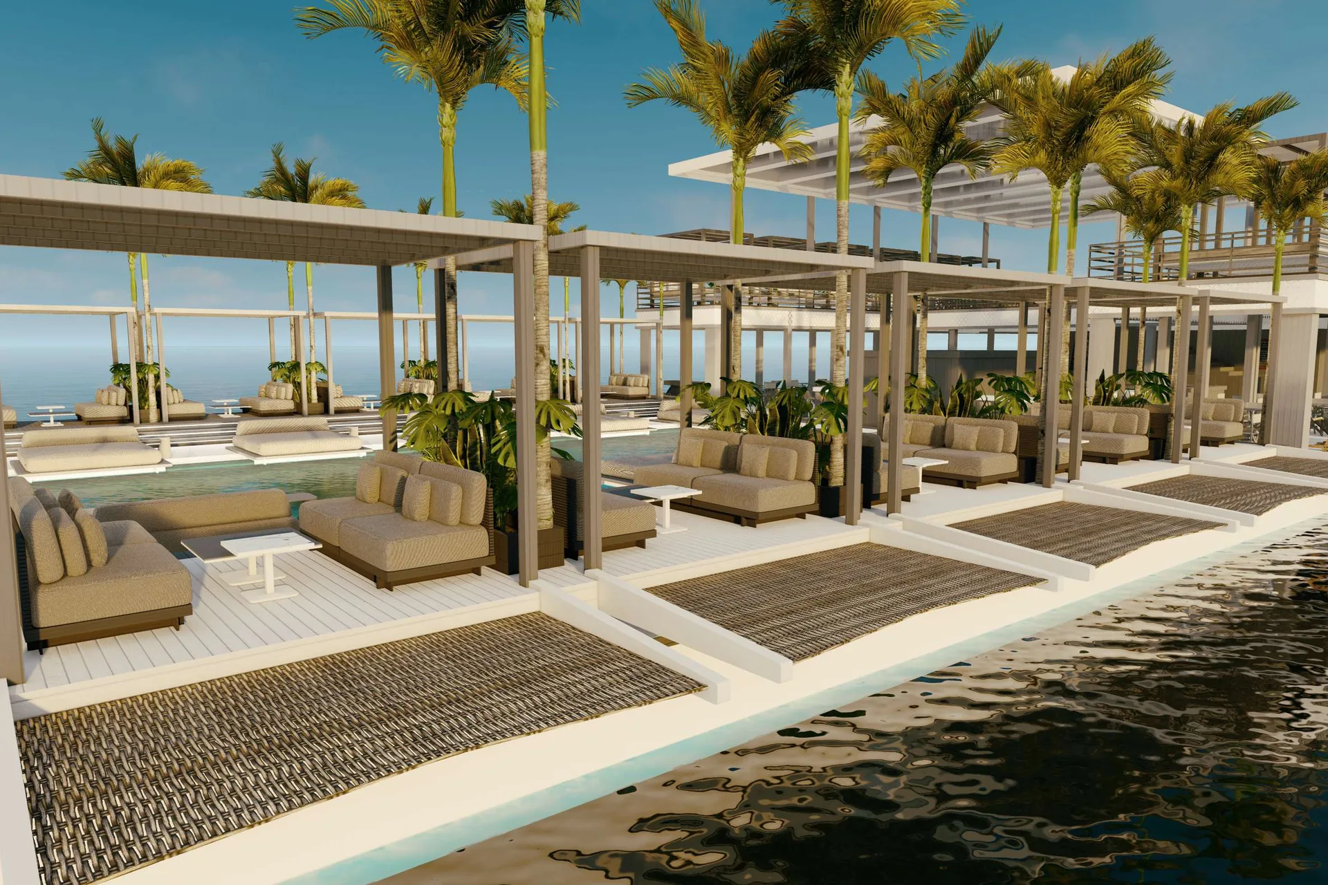 Render of a row of cabanas under pergolas along the edge of the club