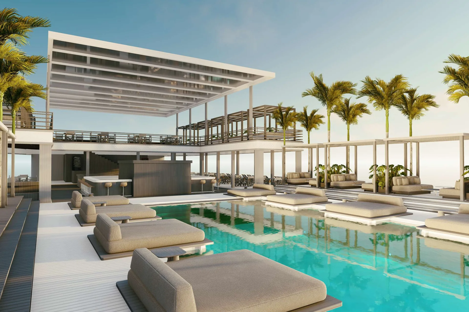 Render of the pool deck under a wide white canopy, with the upper deck beyond