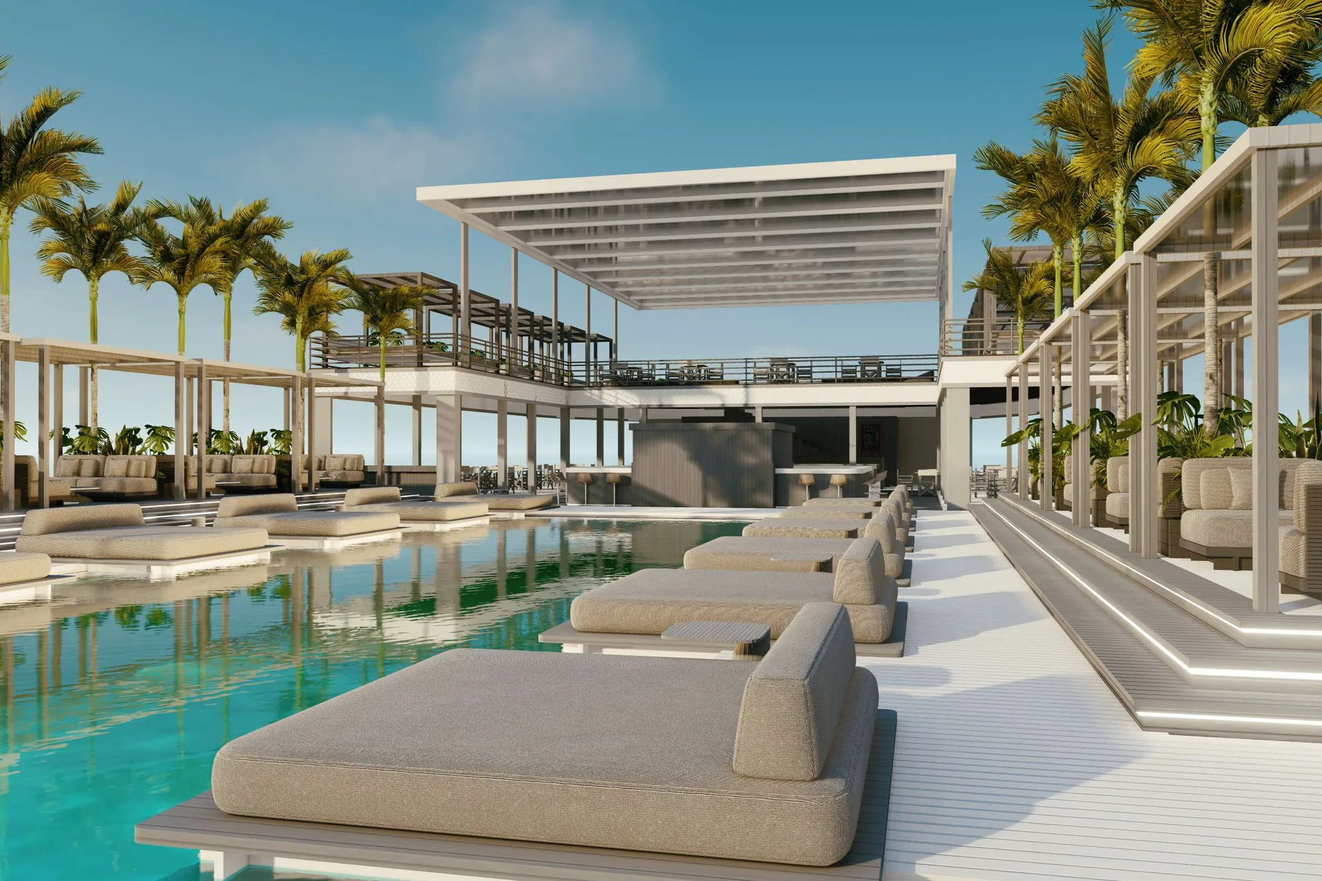 Render of a daybed set in the shallows of the pool, the bar pavilion behind