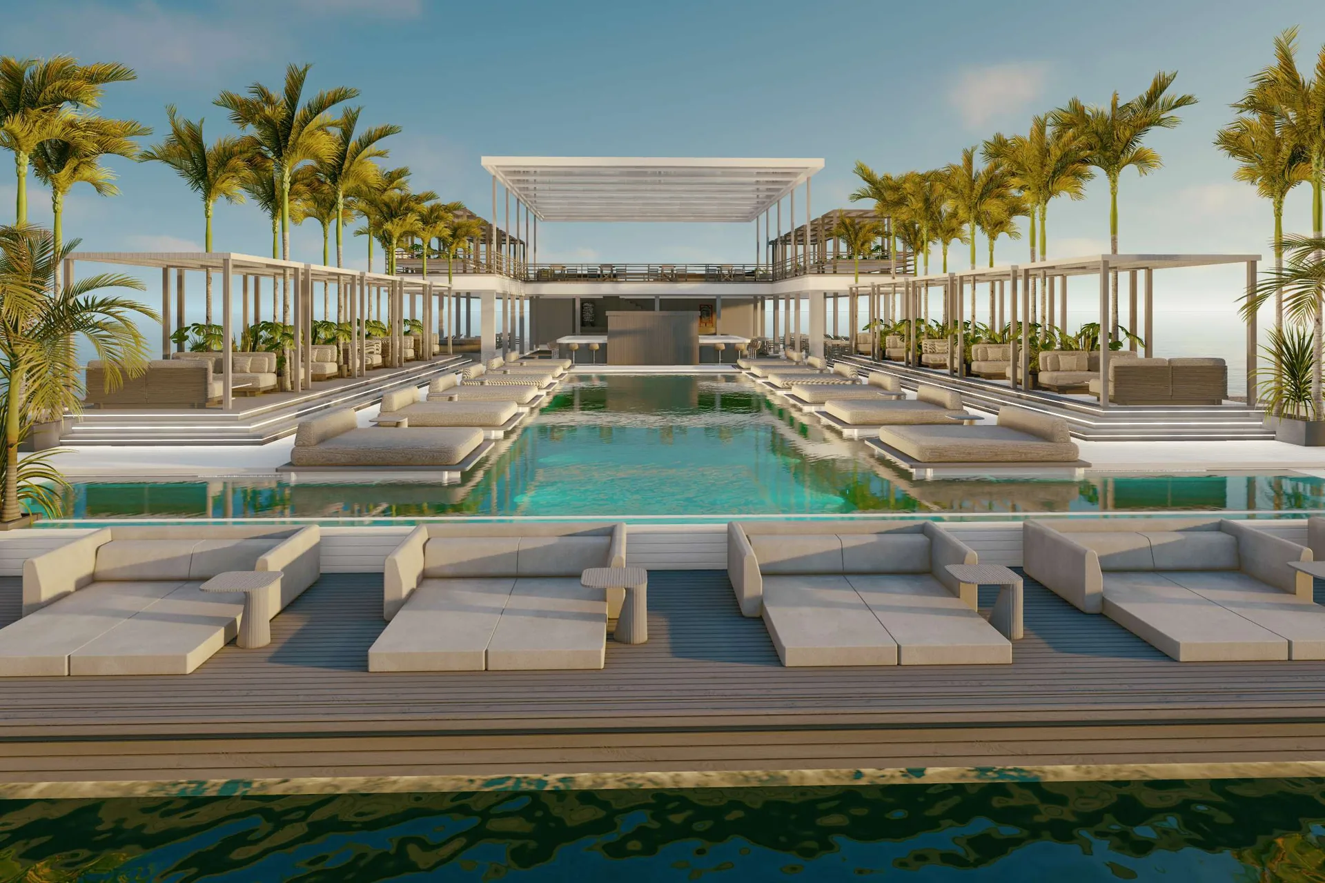 Render of daybeds facing the pool, palms and pergolas on either side