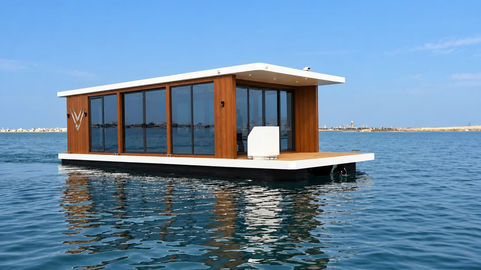 The Solar Floating Majlis on the water in daylight, timber-clad with full-height glass and a white roof