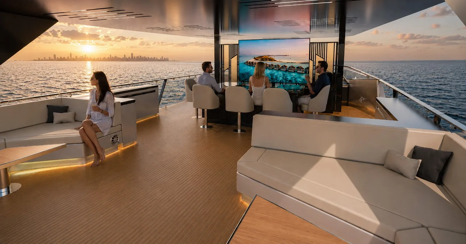 NERO 75 flybridge lounge with open-air seating