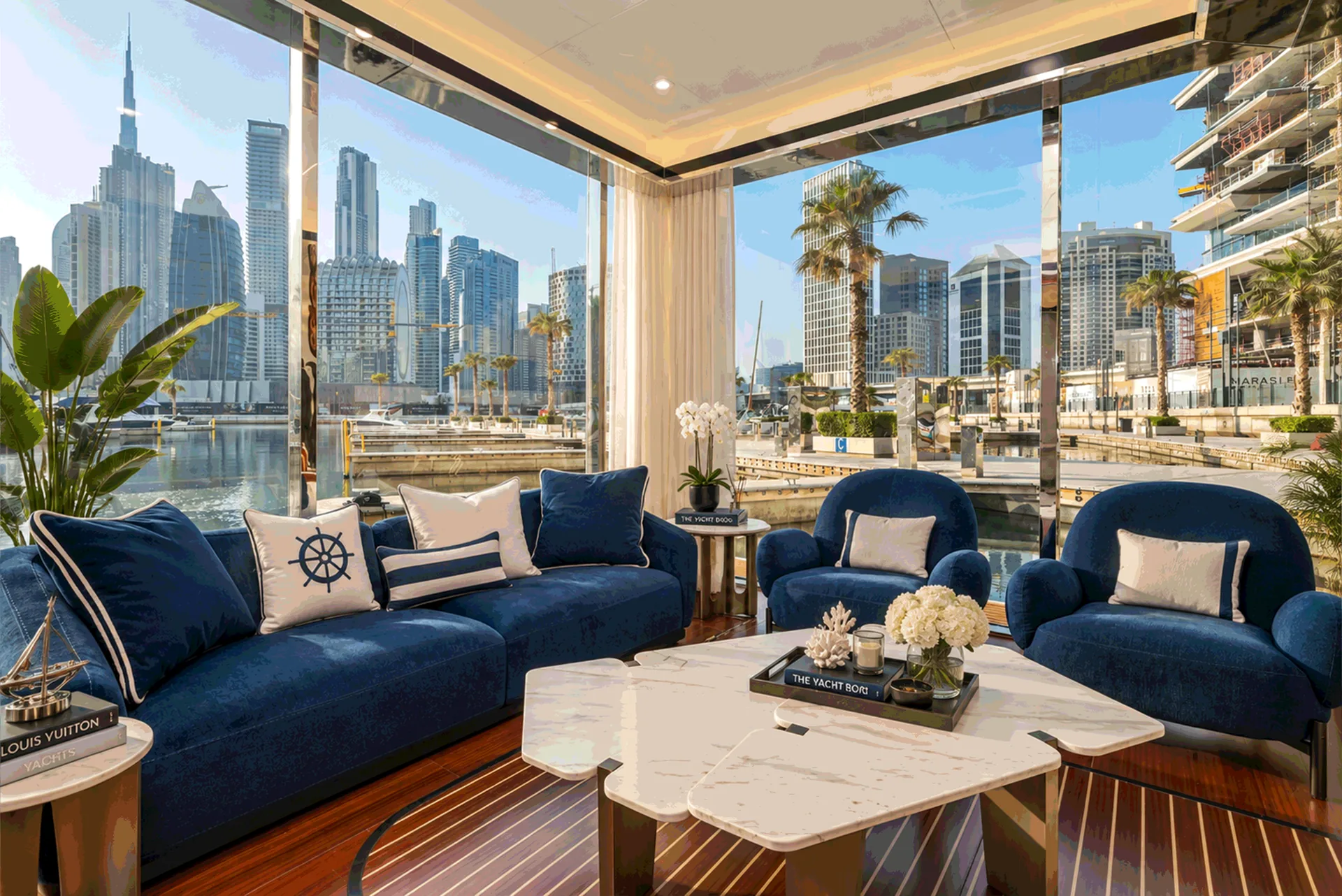 Lounge with navy sofas and a marble table, glass walls looking onto the marina and towers