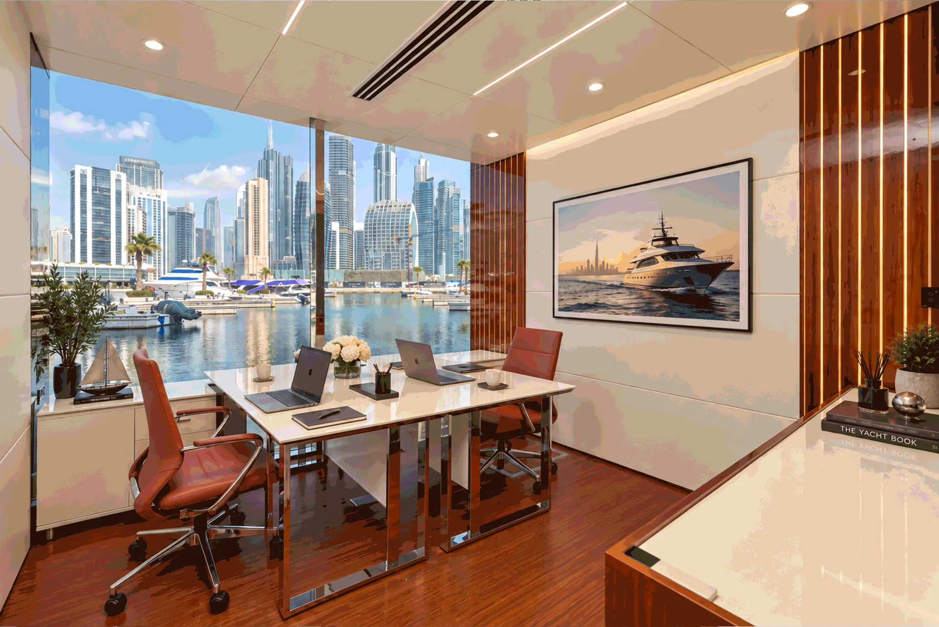 Private office with a white desk and leather chairs beside a window onto the marina