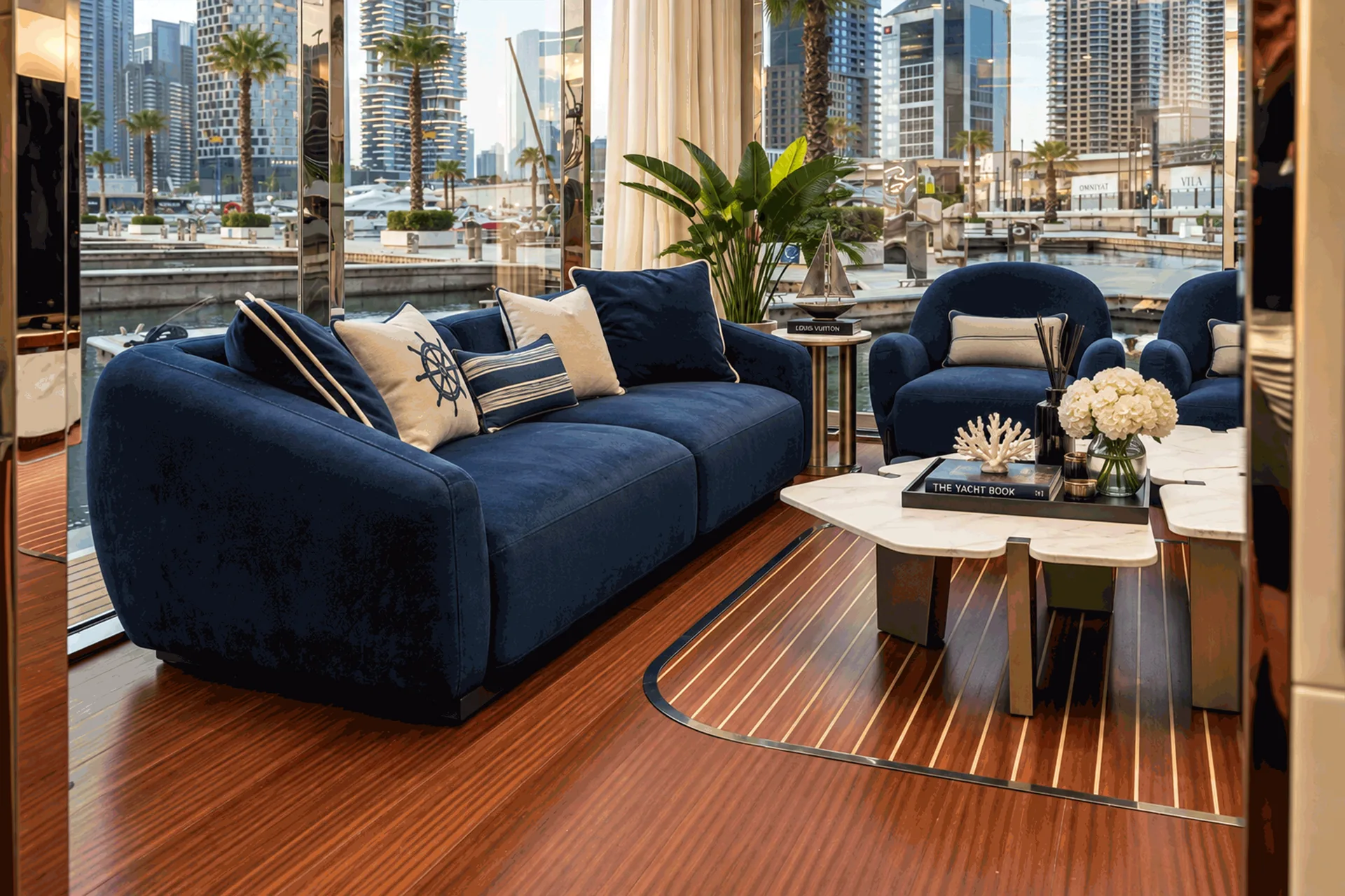 Navy sofa and armchairs on a striped timber floor in the style of a yacht deck
