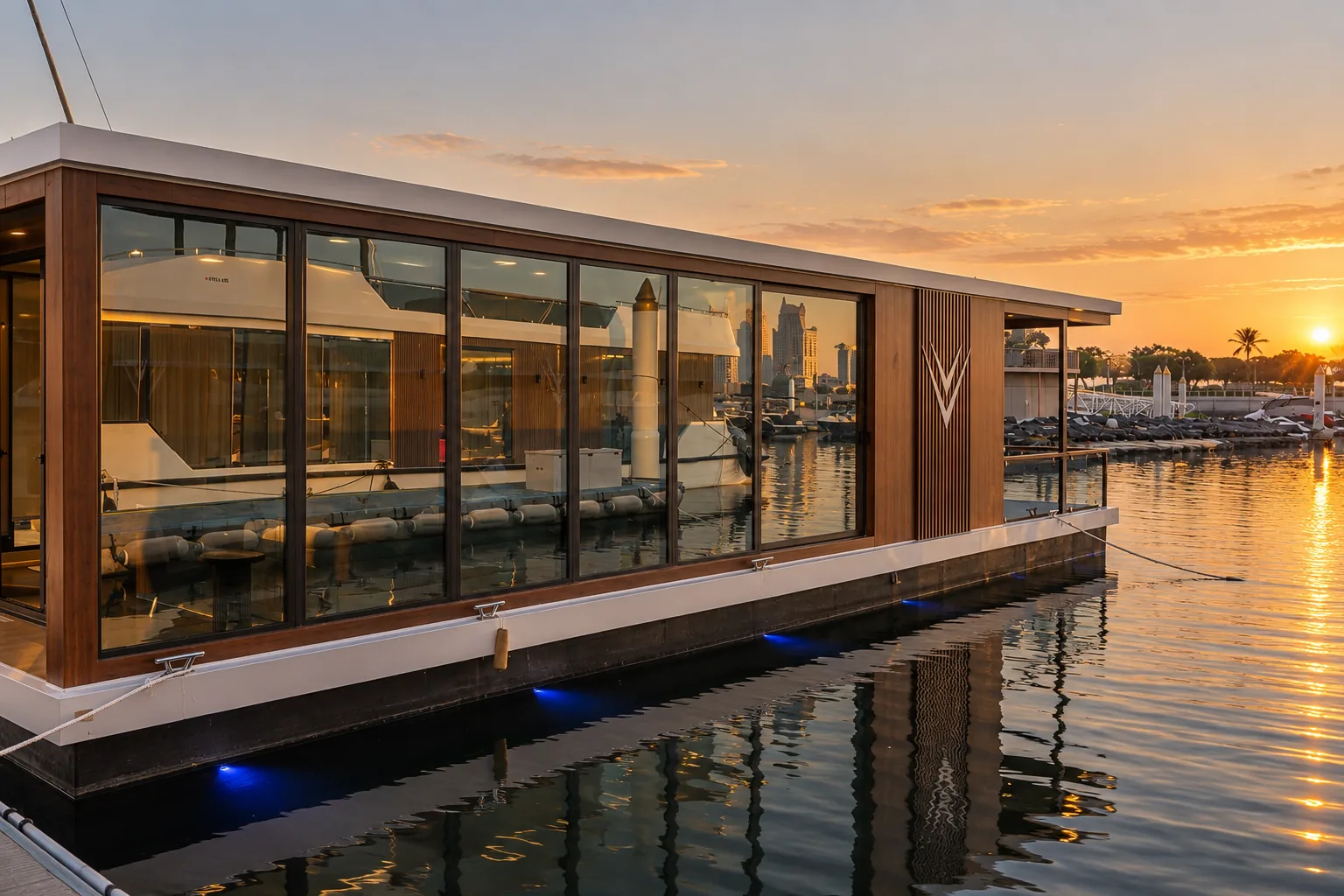 A 15 by 5 metre floating office with full-height glass and timber cladding, moored in a marina at sunset