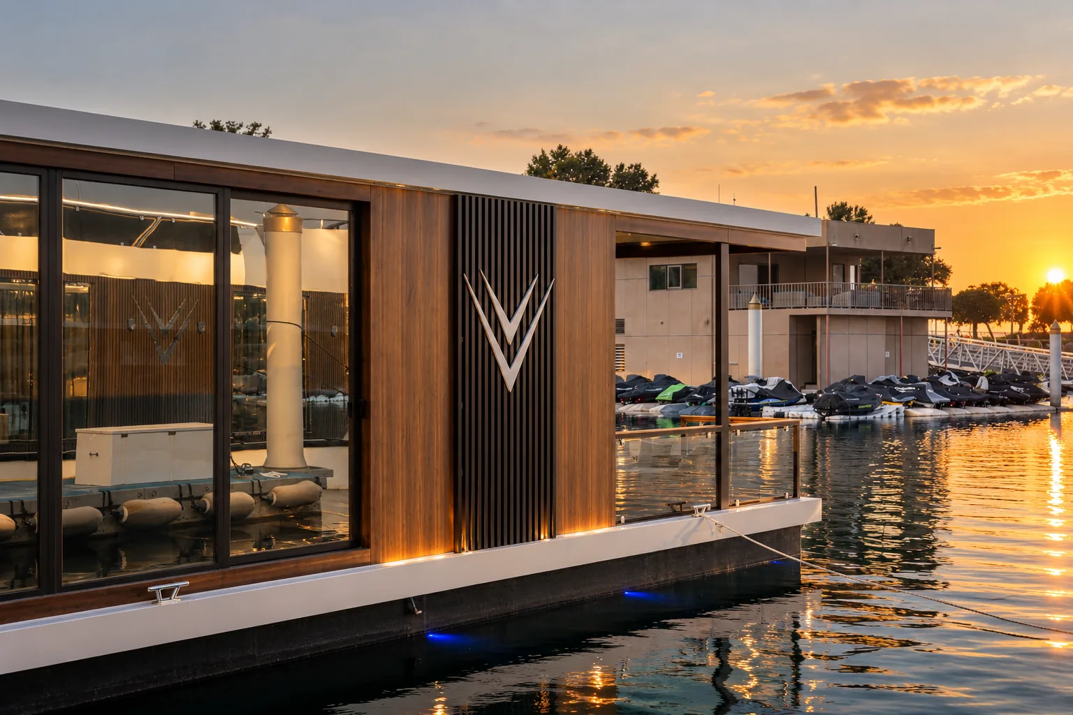 Close view of the floating office's timber cladding and V panel, lit at dusk beside the water