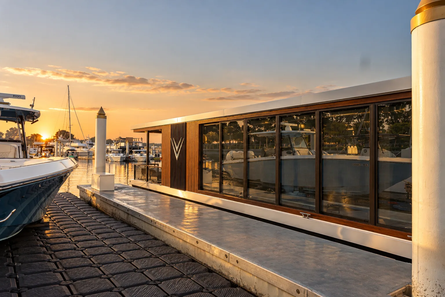 The floating office seen from the marina walkway, with the sun setting behind it