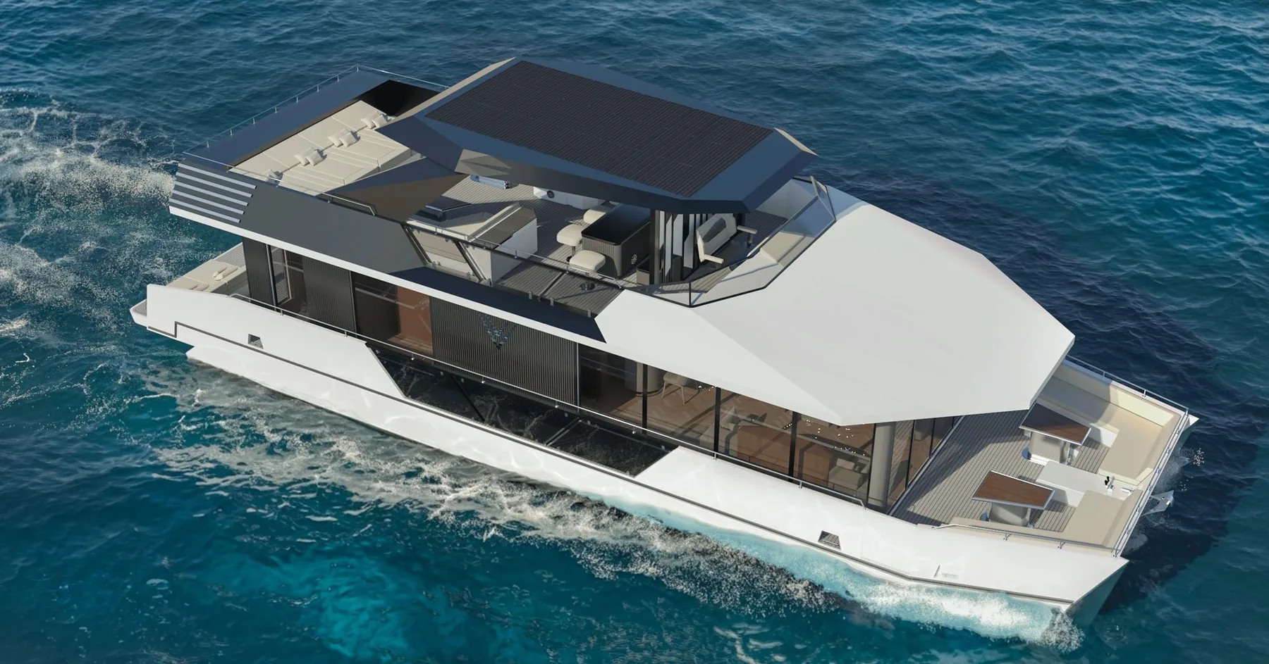 RISE 60 catamaran cruising at speed on blue water
