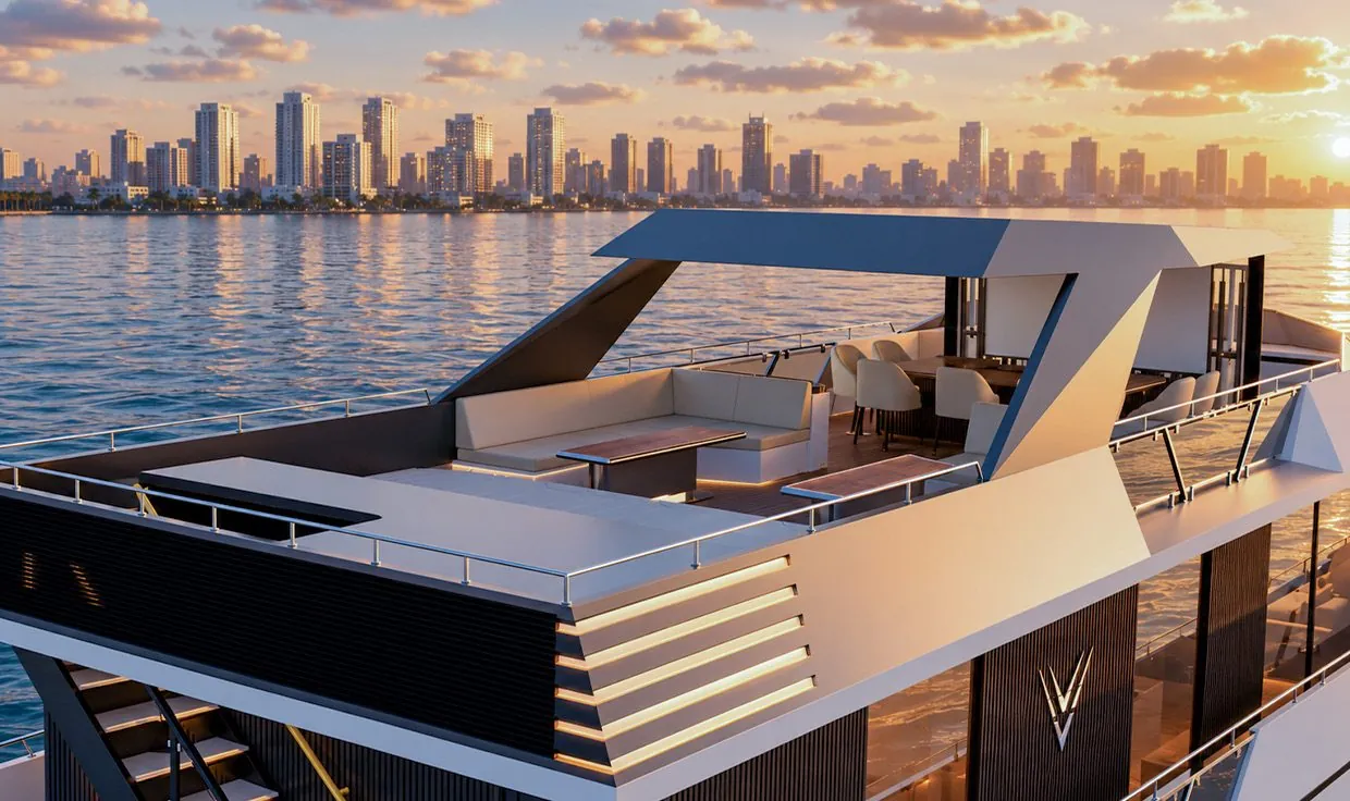 RISE 70 flybridge lounge at sunset with the city skyline behind