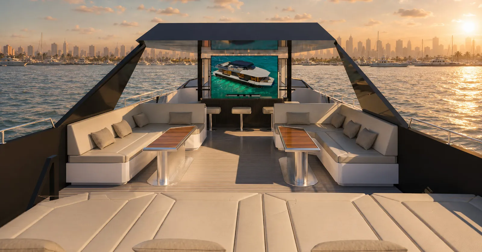 RISE 70 flybridge with lounge seating, a bar and an outdoor screen at sunset