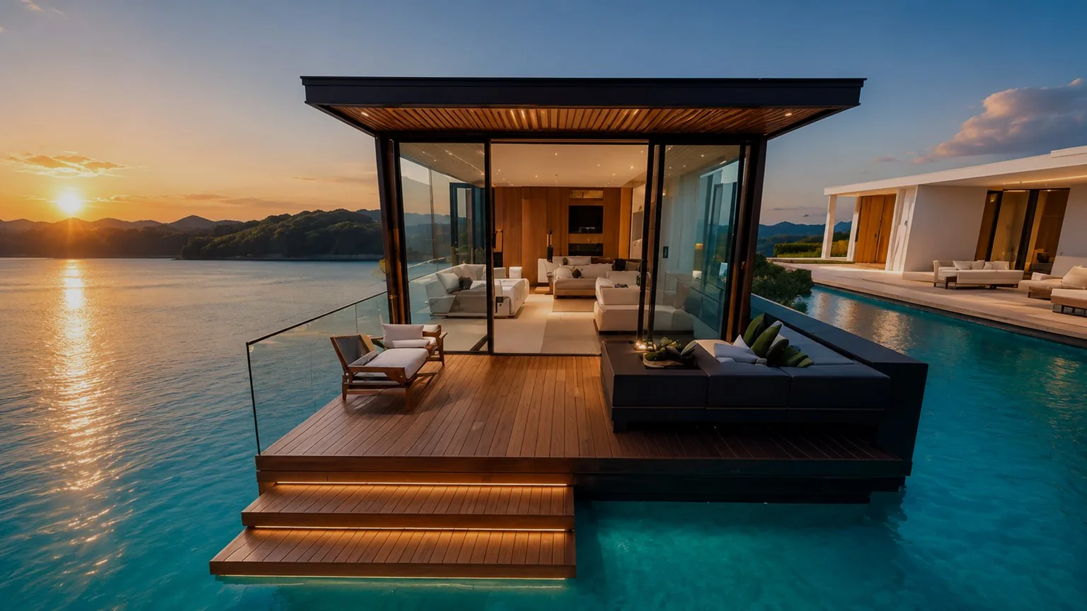 A Sea Chalet suite with glass walls and a timber deck stepping down to the water at sunset