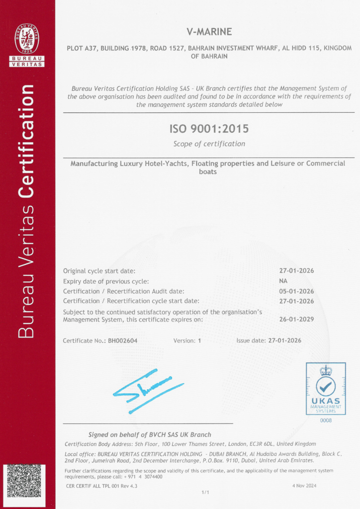 V-Marine ISO 9001:2015 certificate from Bureau Veritas — Manufacturing Luxury Hotel-Yachts, Floating Properties and Leisure or Commercial Boats
